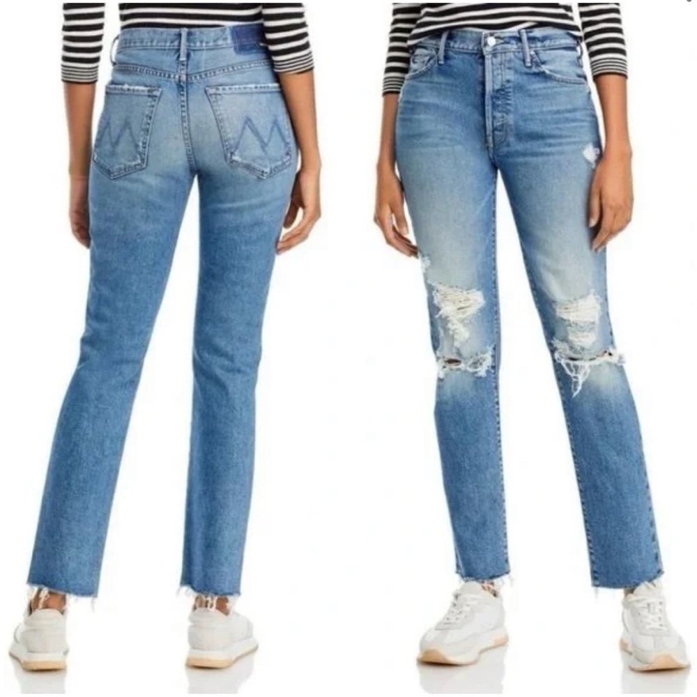 MOTHER Trickster Skimp Fray Distressed Denim Straight Leg Jeans Thrill Seeker 28
